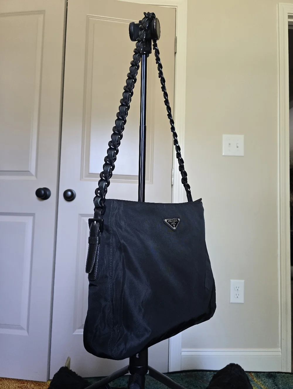 Authentic Prada Nylon Black Shoulder Bag with Braided Leather Chain Strap - Picture 3 of 16